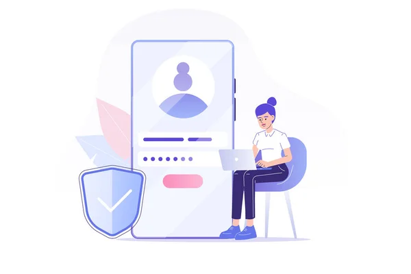 Çevrimiçi kayıt ve kayıt kavramı. Genç bir kadın büyük bir akıllı telefondan online hesaba kaydoluyor ya da giriş yapıyor. Kullanıcı arayüzü. Güvenli giriş ve şifre. UI, mobil uygulama, web için vektör illüstrasyonu