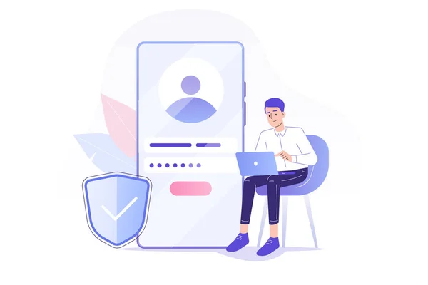 Çevrimiçi kayıt ve kayıt kavramı. Genç adam büyük bir akıllı telefondan online hesaba kaydoluyor ya da giriş yapıyor. Kullanıcı arayüzü. Güvenli giriş ve şifre. UI, mobil uygulama, web için vektör illüstrasyonu