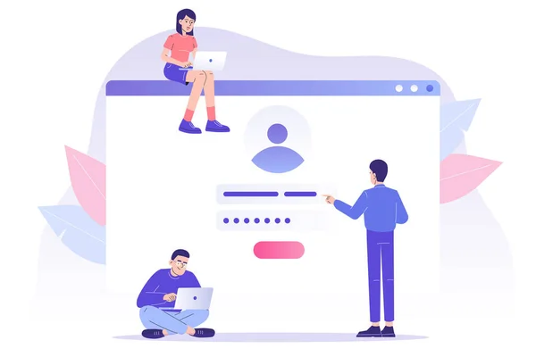 Çevrimiçi kayıt ve kayıt kavramı. Gençler kullanıcı arayüzü ile çevrimiçi hesaba kaydoluyor veya giriş yapıyor. Güvenli giriş ve şifre. UI, mobil uygulama, web için modern vektör illüstrasyon şablonu