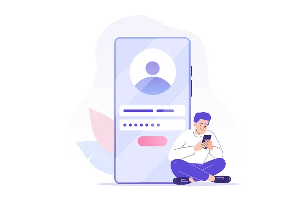 Çevrimiçi kayıt ve kayıt kavramı. Genç adam akıllı telefon uygulamasından online hesaba kaydoluyor ya da giriş yapıyor. Kullanıcı arayüzü. Güvenli giriş ve şifre. UI, mobil uygulama, web için vektör illüstrasyonu