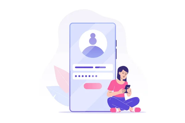 Çevrimiçi kayıt ve kayıt kavramı. Genç bir kadın akıllı telefon uygulamasından online hesaba kaydoluyor ya da giriş yapıyor. Kullanıcı arayüzü. Güvenli giriş ve şifre. UI, mobil uygulama, web için vektör illüstrasyonu