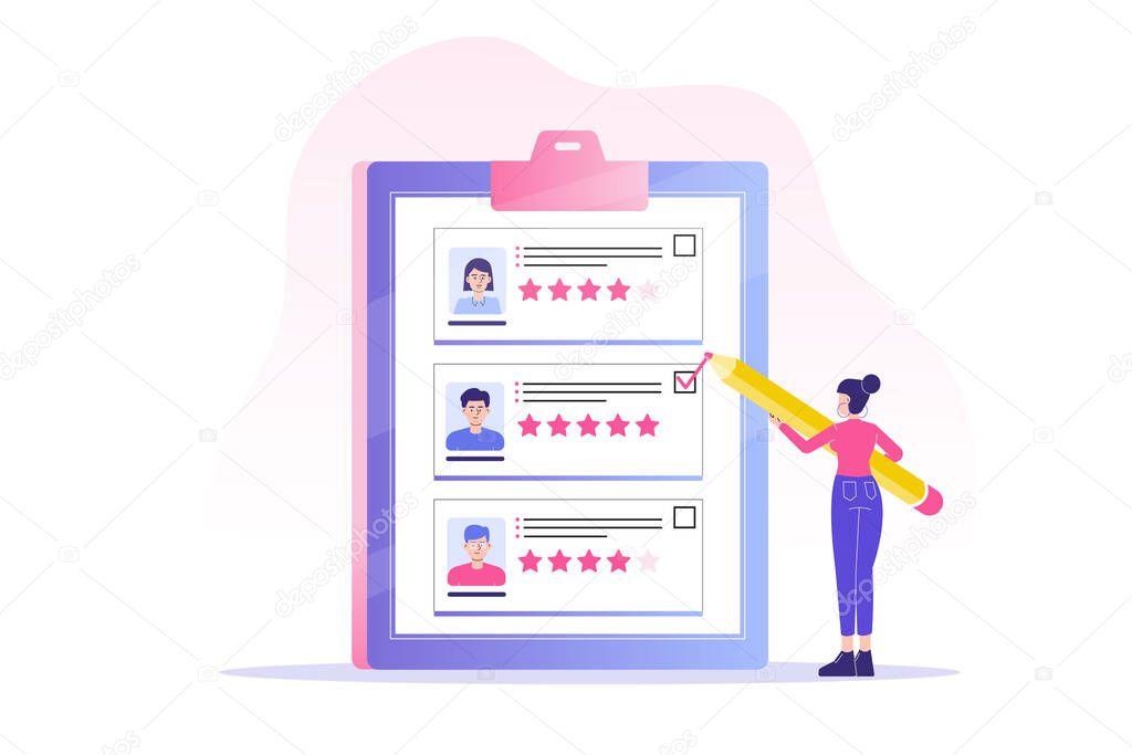HR woman voting or choosing for job candidates with pencil. Concept of recruitment, headhunting and employment. Recruitment agency for employment. CV application. Web banner. Vector illustration