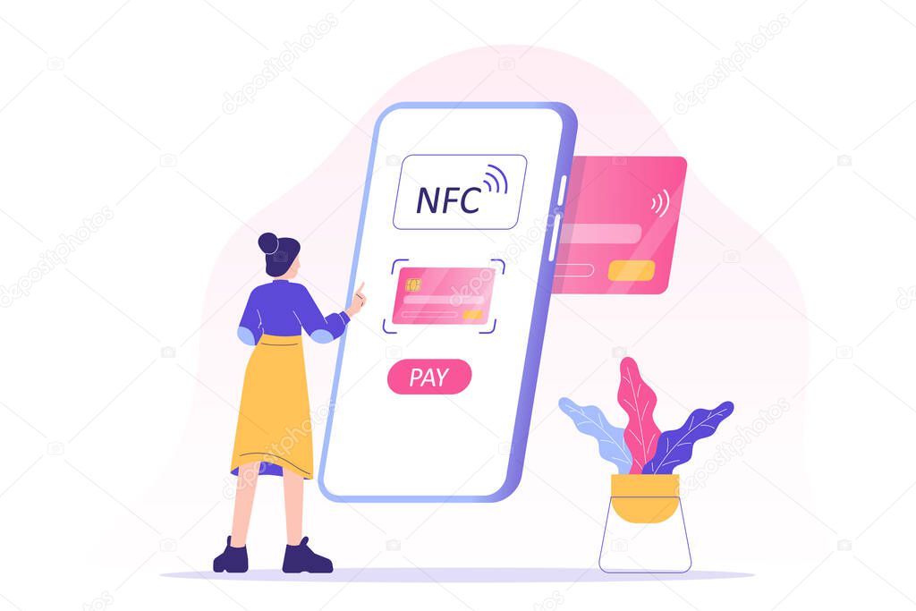 NFC wireless payment technology concept. Young woman using NFC to make payment. Mobile phone contactless payment. Online transaction. Internet banking with smartphone. Vector isolated illustration