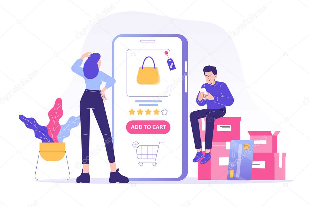 Online shopping service concept. Young woman and man customers sitting on boxes ordering with huge smartphone app. Ordering with online payment. Purchase. Shipping. Isolated stock vector illustration