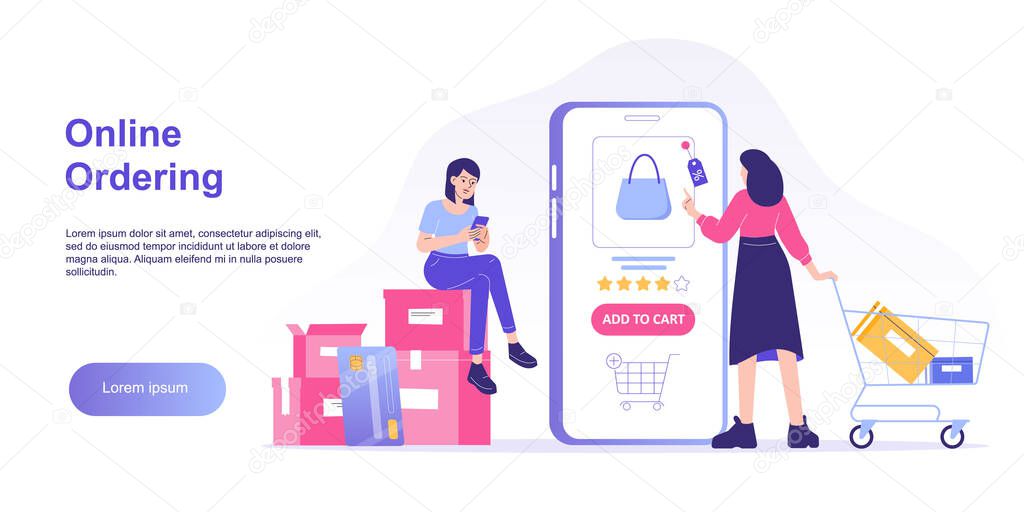 Online shopping concept. Young woman holding shopping trolley cart ordering with huge smartphone app. Ordering with online payment. Purchase. Web landing page. Isolated stock vector illustration