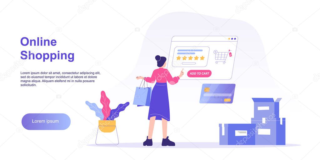 Online shopping concept. Young woman holding colorful shopping bags and ordering with user interface. Ordering with online payment. Purchase. Web landing page. Isolated stock vector illustration