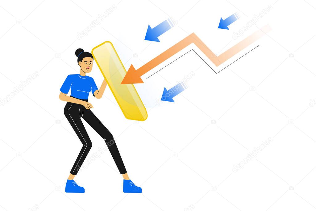 Business woman holds golden shield covering from arrow. Insurance, protection from dangers. Preventing financial risks. Bankruptcy. Economic crisis. Vector illustration