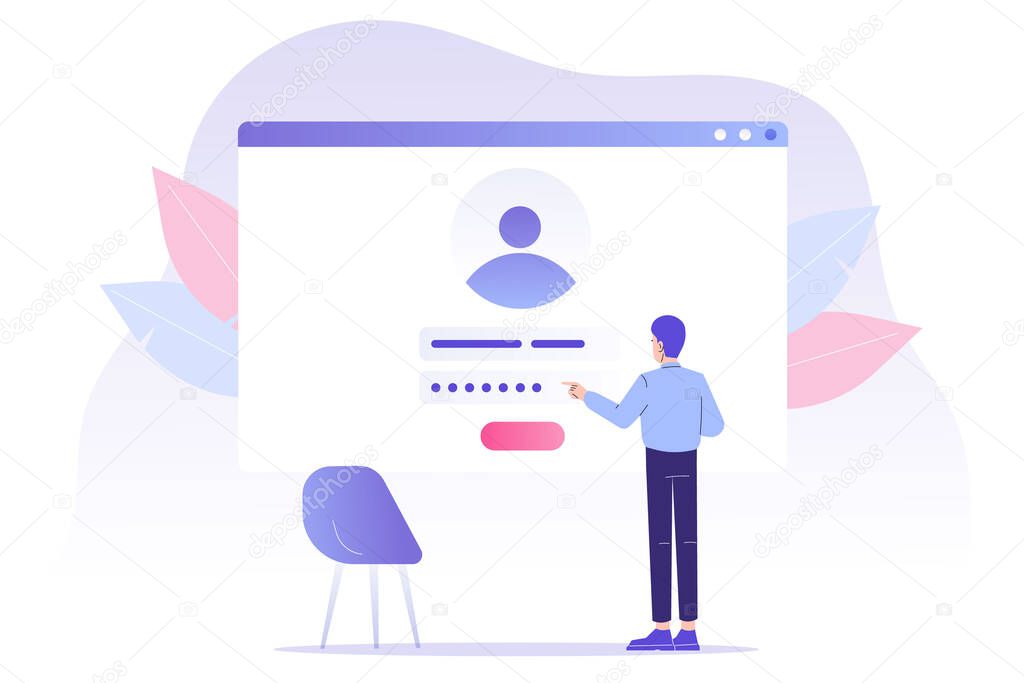 Online registration and sign up concept. Young man signing up or login to online account with user interface. Secure login and password. Modern vector illustration template for UI, mobile app, web