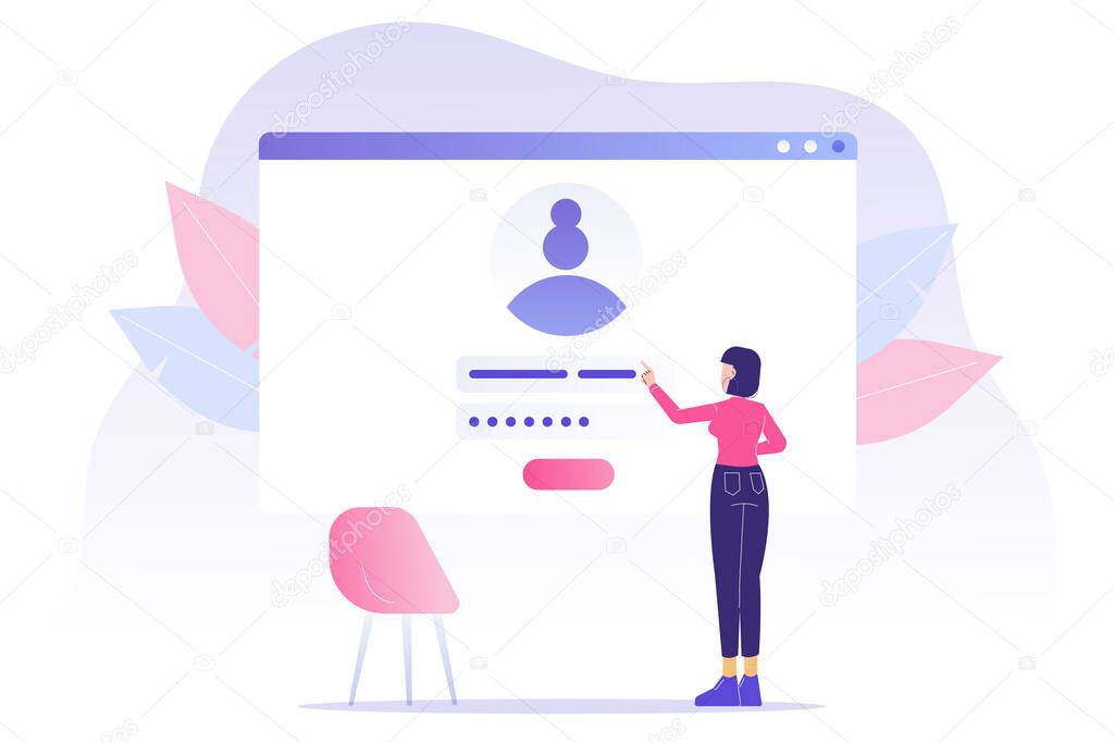 Online registration and sign up concept. Young woman signing up or login to online account with user interface. Secure login and password. Modern vector illustration template for UI, mobile app, web