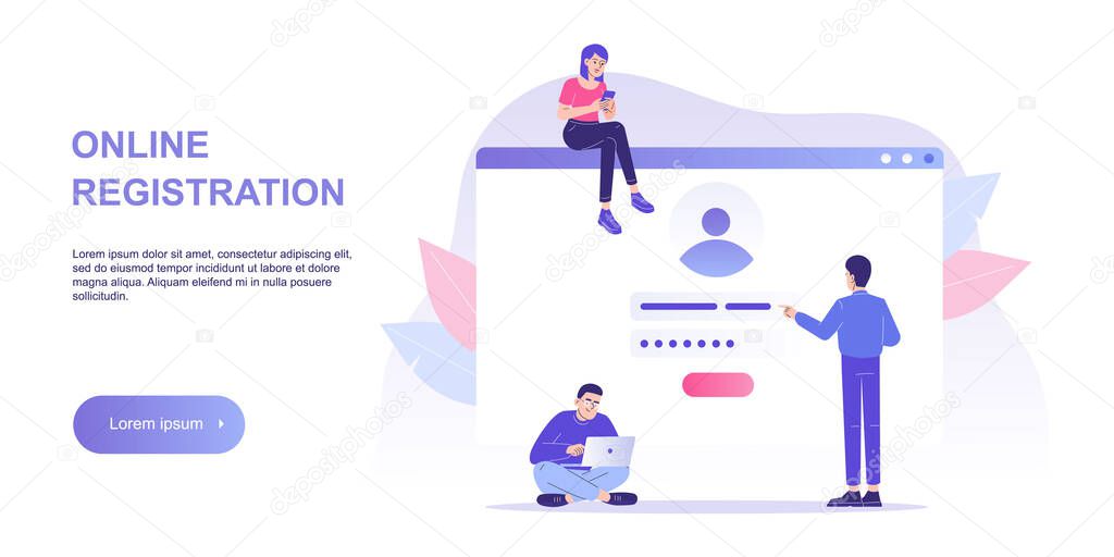 Online registration and sign up concept. People signing up or login to online account with user interface. Secure login and password. Vector illustration landing template for UI, mobile app, web