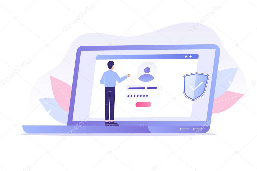 Online registration and sign up concept. Young man signing up or login to online account on laptop. User interface. Secure login and password. Vector illustration template for UI, mobile app, web