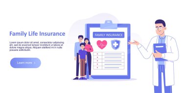 Aile Hayat Sigortası konsepti. Hastane Ofisinde Muayene Olan Genç Aile veya İnsanlar Tıbbi Belge Formu dolduruyor. Aile koruması. Sağlık hizmetleri. İniş sayfası şablonu. Vektör illüstrasyonu