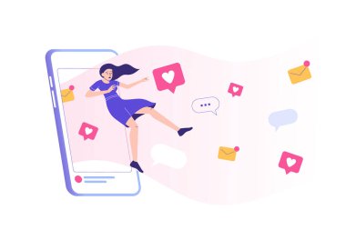 Sosyal medya bağımlılığı. Üzgün kadın büyük akıllı telefon ekranı tarafından özümsenir. Yorum. Paylaş. Takip et. Konuşma baloncuğu. Sohbet. Cihaz. Sosyal medya etkisi. Modern izole vektör çizimi