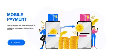 Çevrimiçi bankacılık. Adam akıllı telefonlu bir kadına para gönderiyor. Güvenli cep telefonu ödemesi konsepti, kart para transferi servisi kartı, işlem, bağış. İniş sayfası şablonu. Web afişi. Düz vektör illüstrasyonu