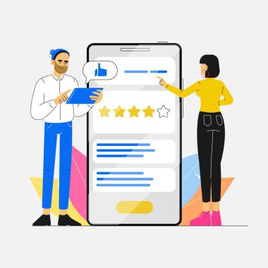 İş kavramı. Yakışıklı adam tabletle ayakta duruyor ve güzel kadın da kocaman bir telefonla reyting alıyor. Kullanıcı incelemesi. Müşteri memnuniyeti. Geri bildirim konsepti. Modern vektör karakter çizimi.