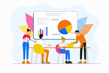 İş konsepti. Bilgisayarı işaret ediyor. Takım düşüncesi ve beyin fırtınası. Ofis personeli eğitimi. Satışları ve becerileri arttır. Şirket bilgilerinin istatistikleri ve analizleri.