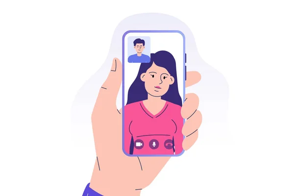 Koncepcja Połączenia Wideo Młodzi Ludzie Dzwoniący Przez Aplikację Smartfony Pracuję — Wektor stockowy