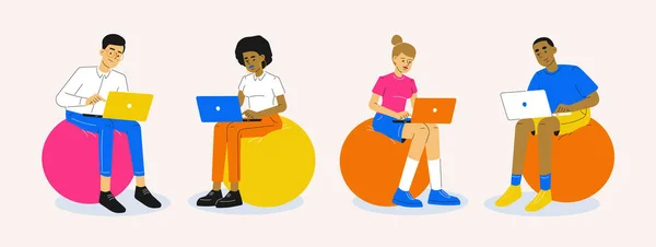 Mensen Die Samen Aan Een Laptop Werken Cartoon Mensen Personages — Stockvector