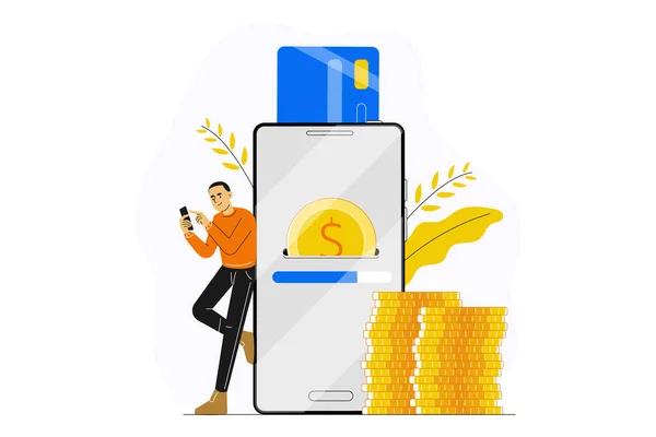 Genç adam ya da adam akıllı telefon uygulaması ile ödeme yapıyor. Güvenli cep telefonu ödemesi konsepti, online bankacılık, kart para transferi servisi kartı, işlem, bağış, dijital cüzdan. İzole edilmiş düz vektör çizimi