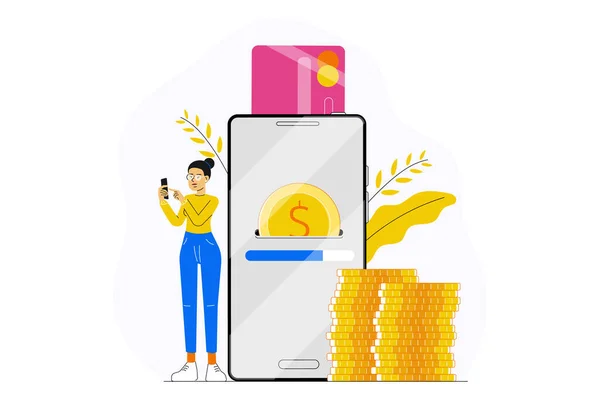 Femme Fille Effectuant Paiement Avec Application Smartphone Concept Paiement Mobile — Image vectorielle