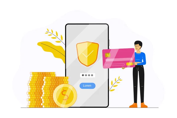 Çevrimiçi bankacılık. Kredi kartını tutan ve akıllı telefon uygulaması ile ödeme yapan genç bir kadın. Güvenli cep telefonu ödemesi, internet bankacılığı, muhasebe, işlem, bağış kavramı. Düz vektör illüstrasyonu