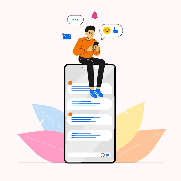 Social Media Happy Man Guy Sitting Huge Smartphone Using Own — Stock Vector