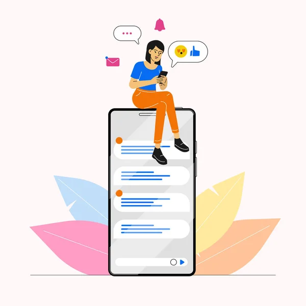 Sociální Média Šťastná Žena Nebo Dívka Sedí Obrovském Smartphonu Používá — Stockový vektor