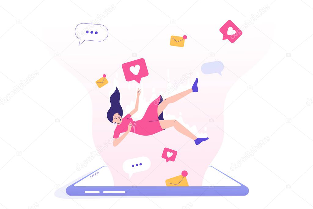 Social media addiction. Sad woman falling into screen of huge smartphone. Comment. Share. Follow. Speech Bubble. Chatting. Social media influence. Modern isolated vector illustration