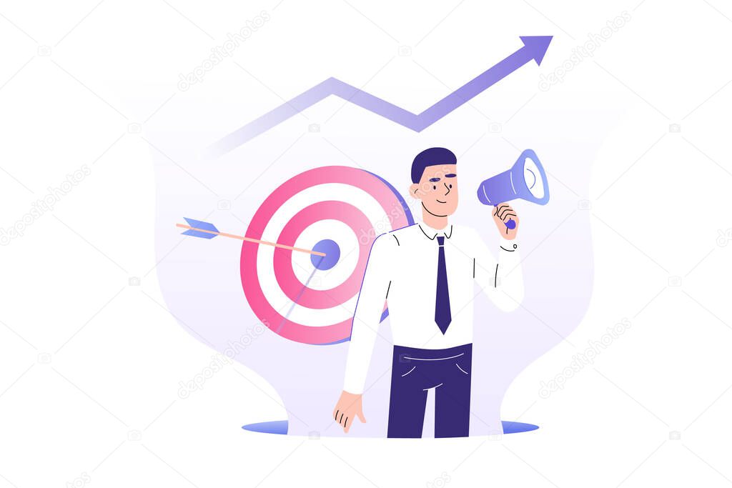 Target marketing concept. PR manager attracting customers with megaphone. Successful business or consumer targeting. Focus group. Goal achievement. Online advertising. Vector illustration