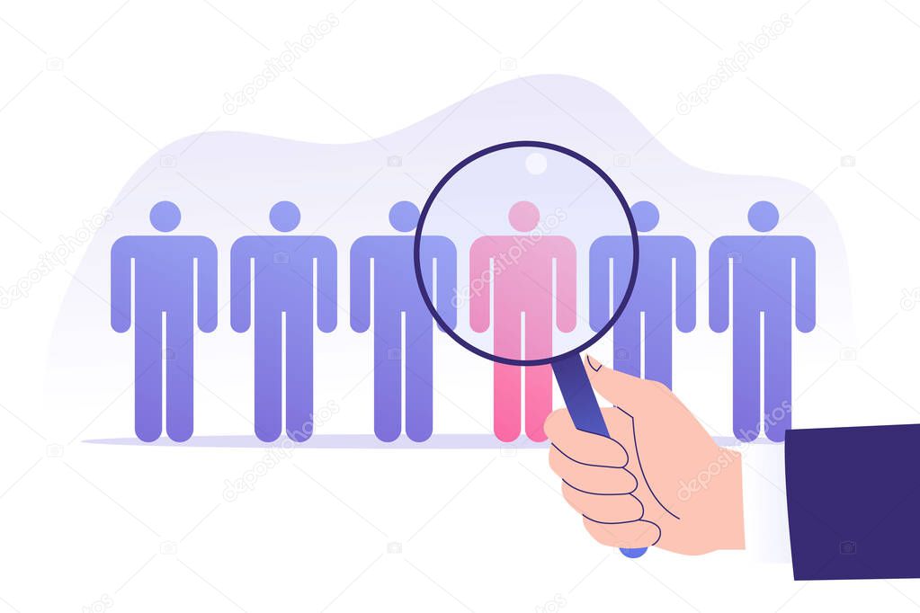 Target marketing concept. Hand pointing magnifier on male pictograms. Successful consumer and targeting. Public relations. Focus group. Online advertising. Vector stock illustration