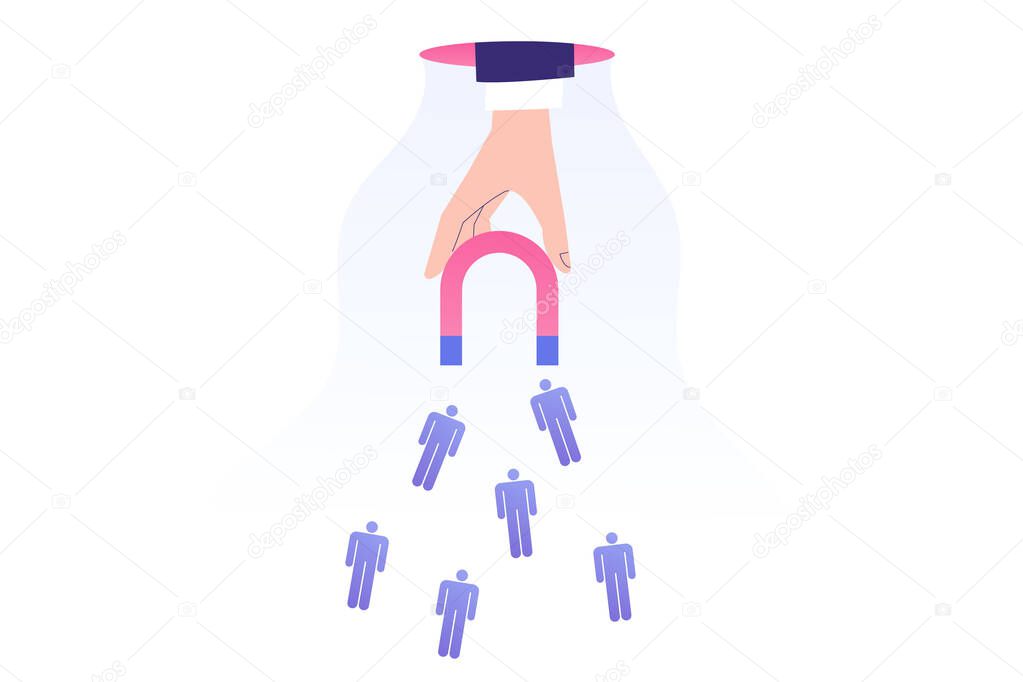 Target marketing concept. Hand attracting male pictograms with magnet. Successful consumer and targeting. Public relations. Focus group. Online advertising. Vector stock illustration