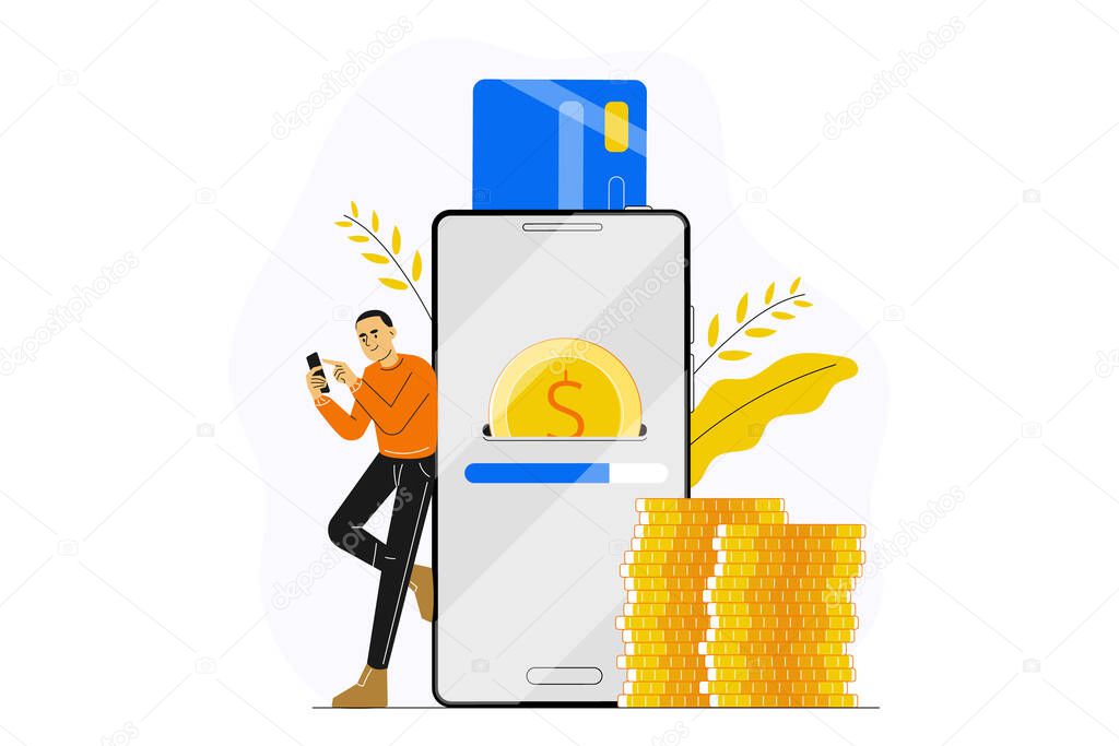 Young man or guy making payment with smartphone app. Concept of secure mobile payment, online banking, card to card money transfer service, transaction, donation, digital wallet. Isolated flat vector illustration