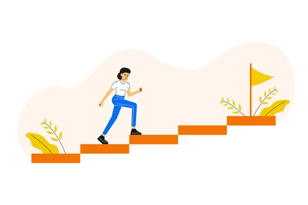 İş konsepti. Genç bir kadın, sütunlarda hedefine doğru koşuyor ve tırmanıyor. Motivasyonu yükseltiyorum. Kariyer gelişimi metaforu. Hedefin başarısına giden yol. Vektör illüstrasyonu.