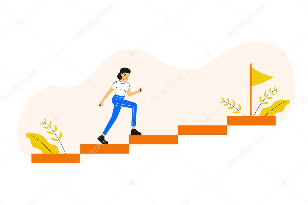 Business concept. Young woman running and climbing up to her goal on the column of columns. Moving up motivation. Career growth metaphor. The path to the target's achievement. Vector illustration.