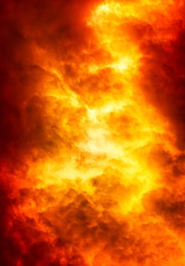 Sıcak gökyüzünde alevler yanar, turuncu ve kırmızı ışık ile kumral bulutlar