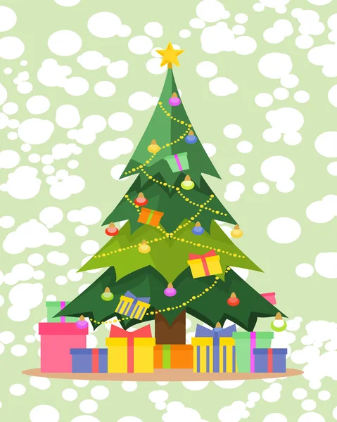 Різдвяна Ялинка Подарунковою Коробкою Землі Безліч Барвистих Ламп Дереві Жовтою — стокове фото