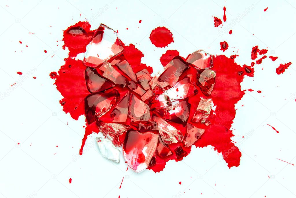 Heart Glass has crack and broken with red blood, disappointed in love