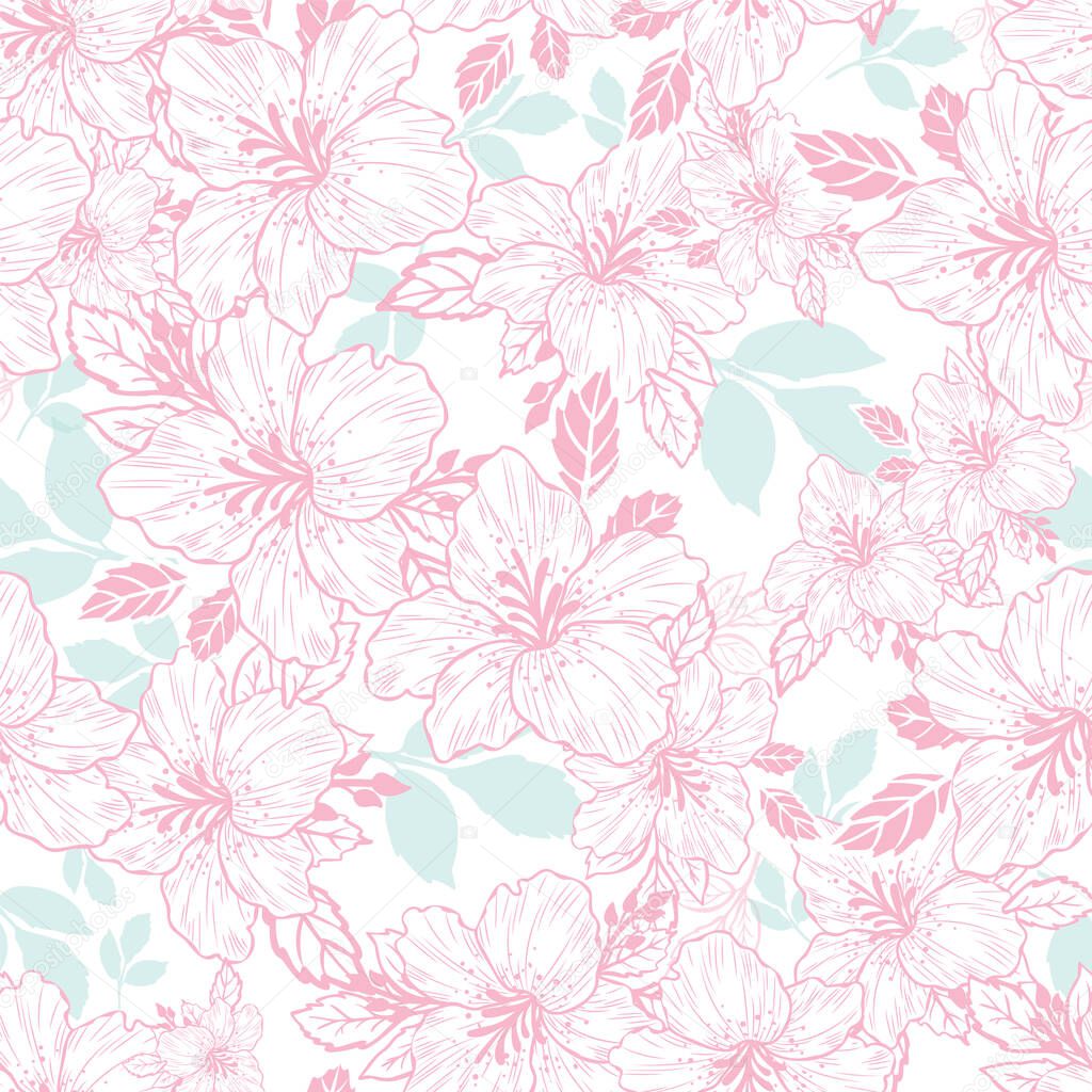 pink lily flower blue leaf white background seamless print background design