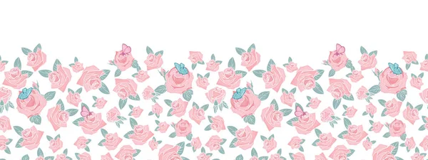 粉红玫瑰草叶蝴蝶垂直边框白色背景设计 — 图库矢量图片
