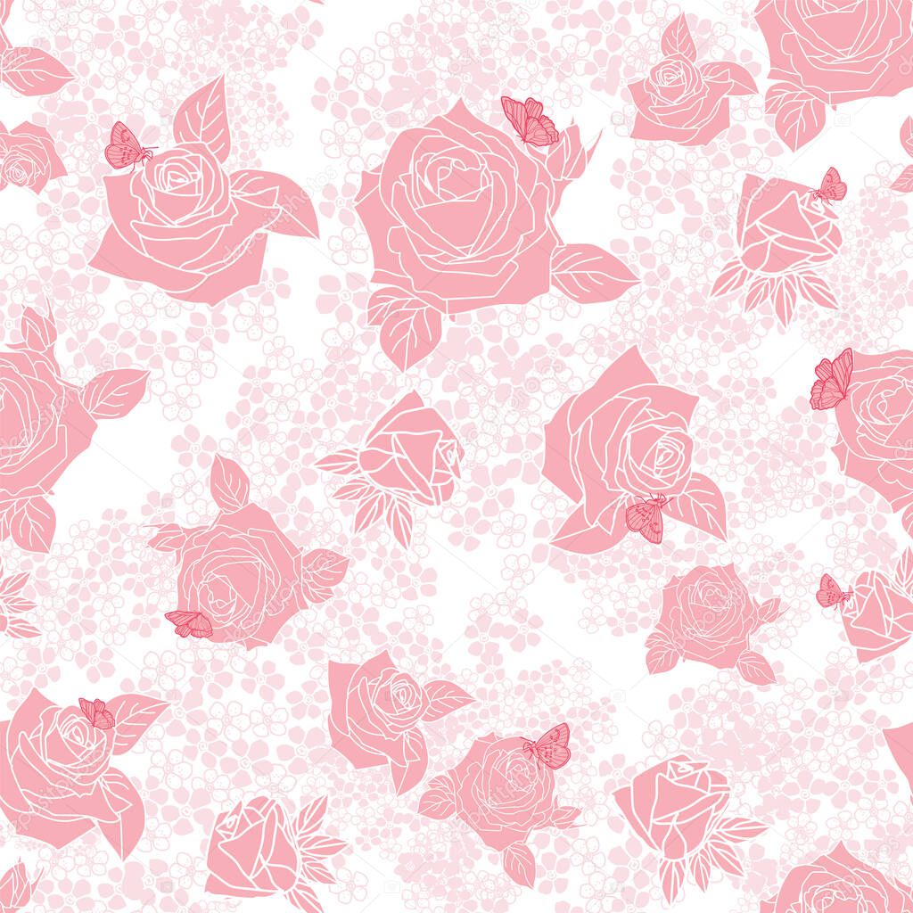 pink rose morden flower leaf butterfly white background design