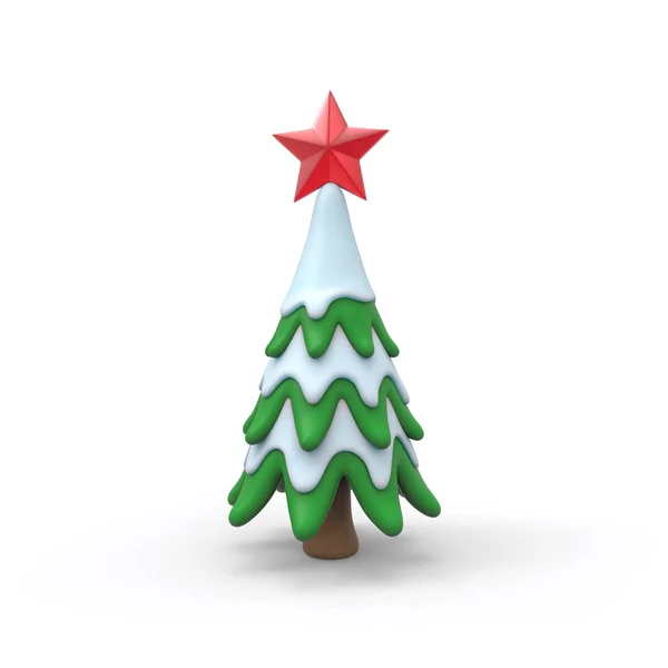 Рождественская елка в снегу с красной звездой — стоковое фото