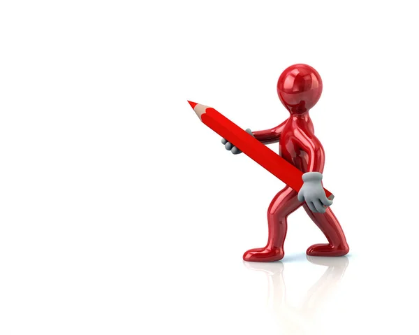 Красный человек с огромным карандашом — стоковое фото
