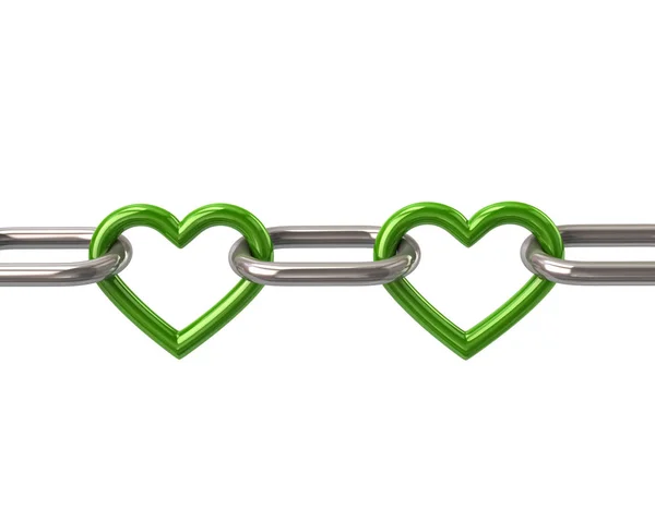 Цепь с двумя зелеными сердечными связями — стоковое фото