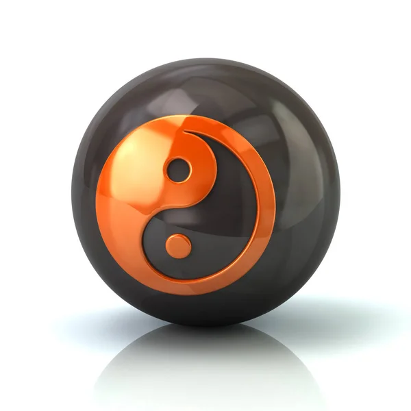 Orangefarbenes Yin-Yang-Symbol auf schwarzer Hochglanzkugel — Stockfoto