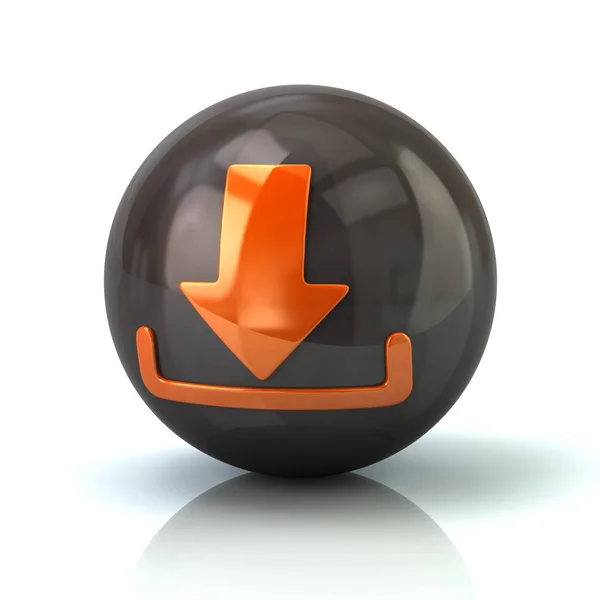 Icono de descarga naranja en esfera brillante negro — Foto de Stock