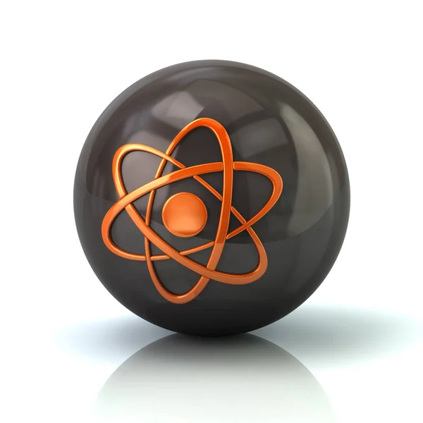 Orangefarbenes Atom-Symbol auf schwarzer Hochglanzkugel — Stockfoto