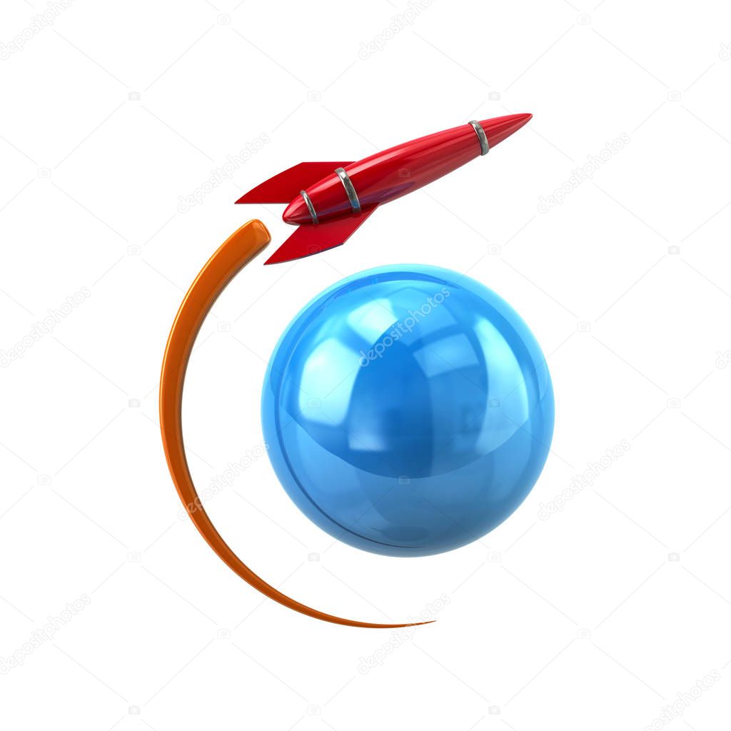 3d illustration of red rocket circling around blue earth symbol on white background, vector, illustration