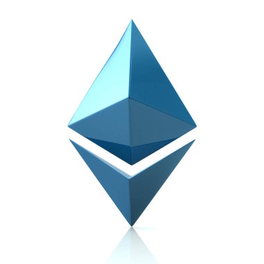 Mavi Ethereum cryptocurrency kutsal kişilerin resmi, beyaz arka plan üzerinde 3d çizim