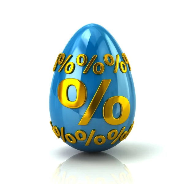 Blaues Osterei Mit Goldenem Prozentzeichen Auf Weißem Hintergrund — Stockfoto