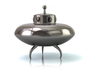 UFO Uzay gemisi beyaz arka plan üzerinde duran gümüş